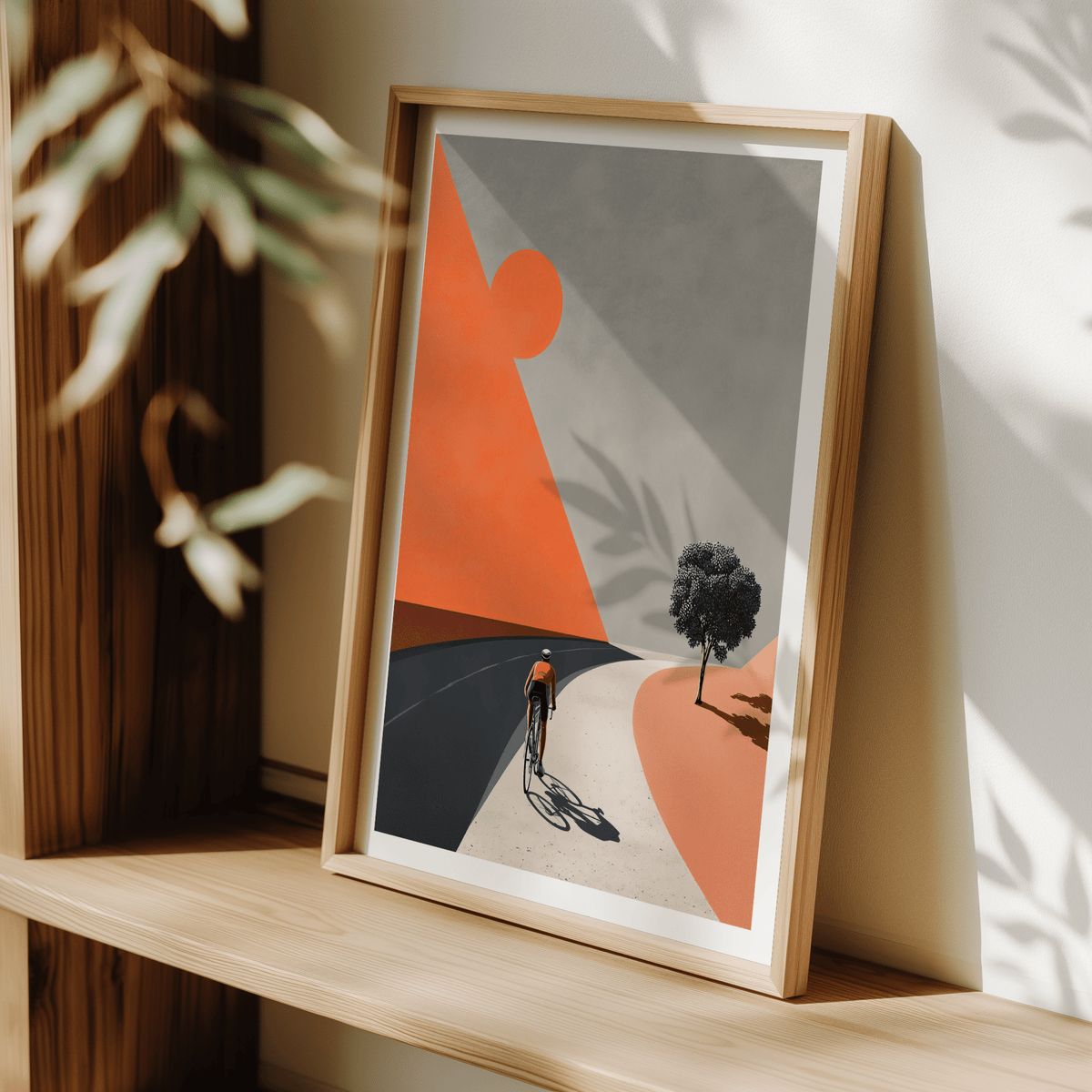 Cycling Landscape Art Print featuring a curved road, solitary rider, and large abstract landscape forms