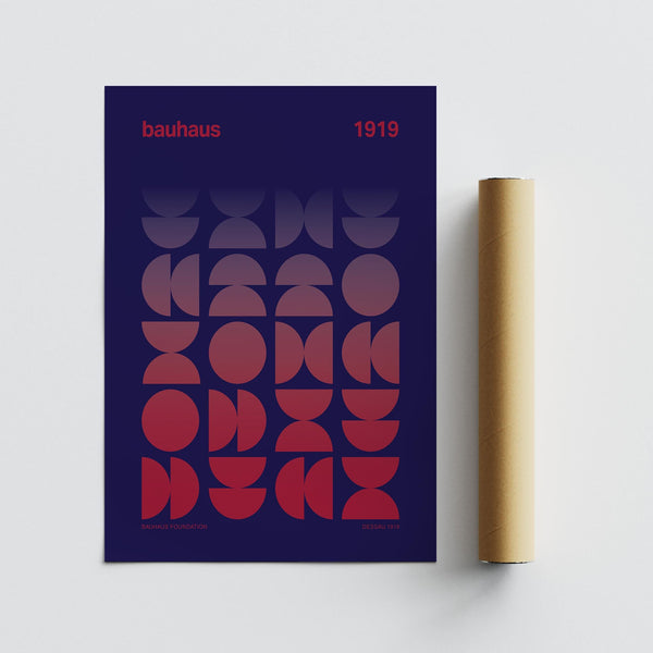 Abstract geometric layout in a bold red and purple graphic design poster.