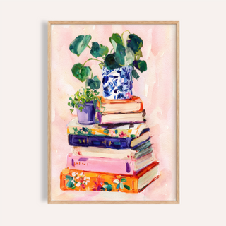 Watercolor poster of stacked books with potted plants and ceramic vase