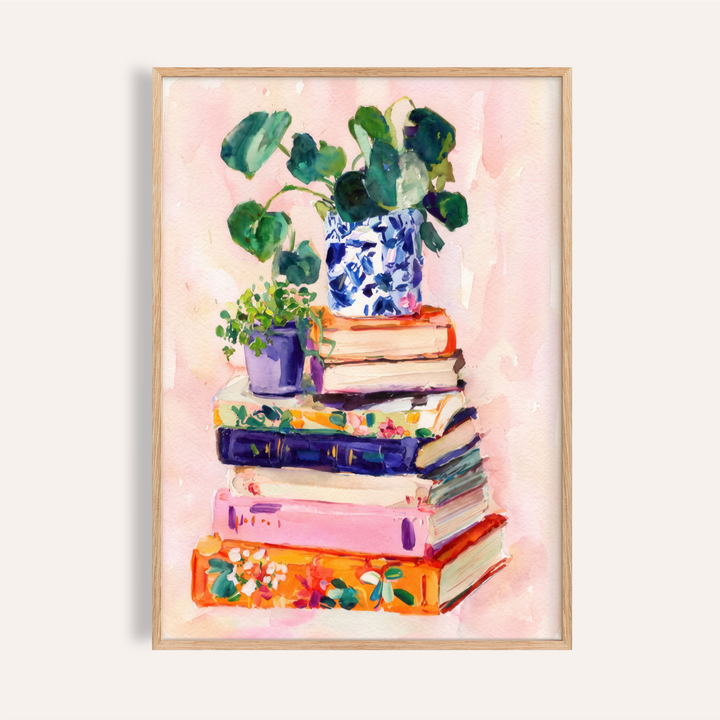 Watercolor poster of stacked books with potted plants and ceramic vase