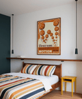 Graphic sports print showing clustered basketballs along curved bounce paths with halftone texture