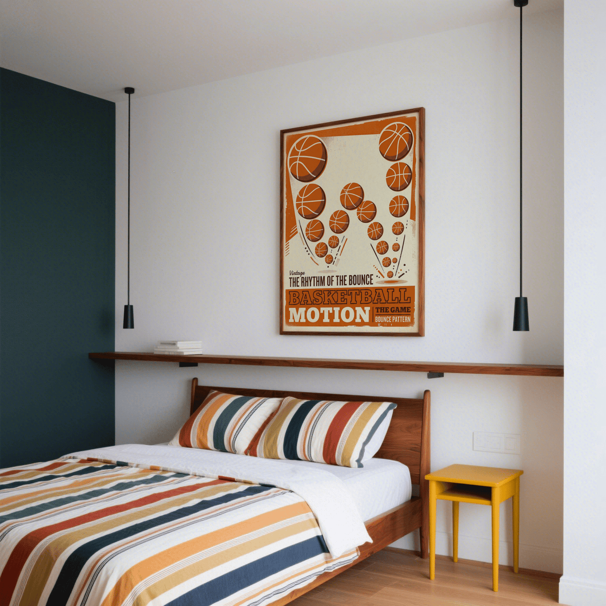 Graphic sports print showing clustered basketballs along curved bounce paths with halftone texture