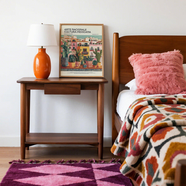 Botanical terrace scene in Latin American Wall Art with pastel buildings.