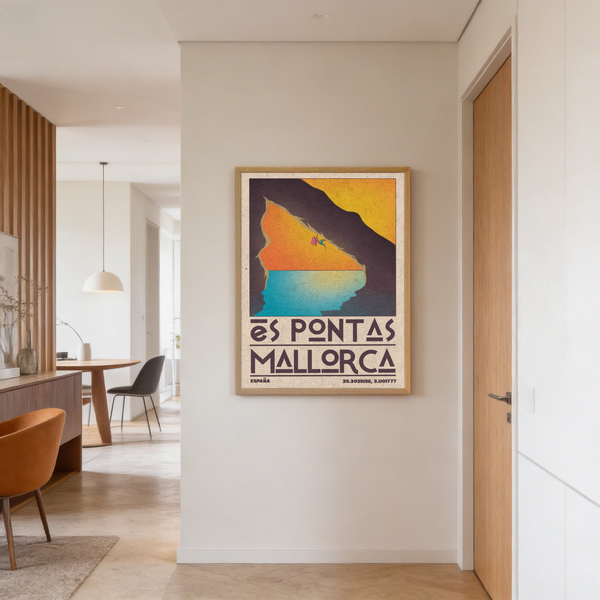 Retro travel print showing yellow, orange, and blue horizon bands