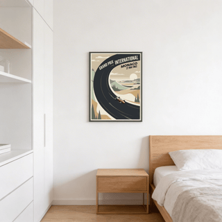 Wide composition poster featuring bold black arc and minimal coastal town