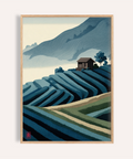 Layered terrace fields poster with hillside cabin and misty mountains