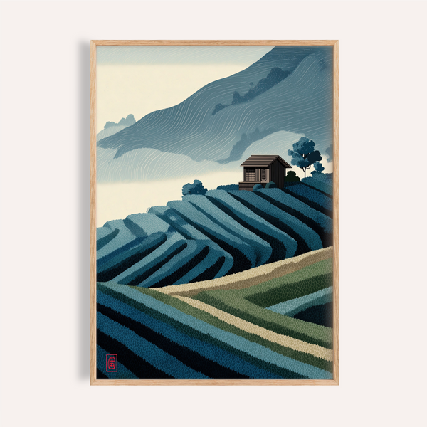 Layered terrace fields poster with hillside cabin and misty mountains