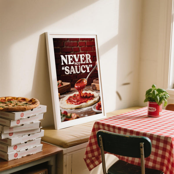 Pizza wall art print with spoon swirling sauce over dough base.