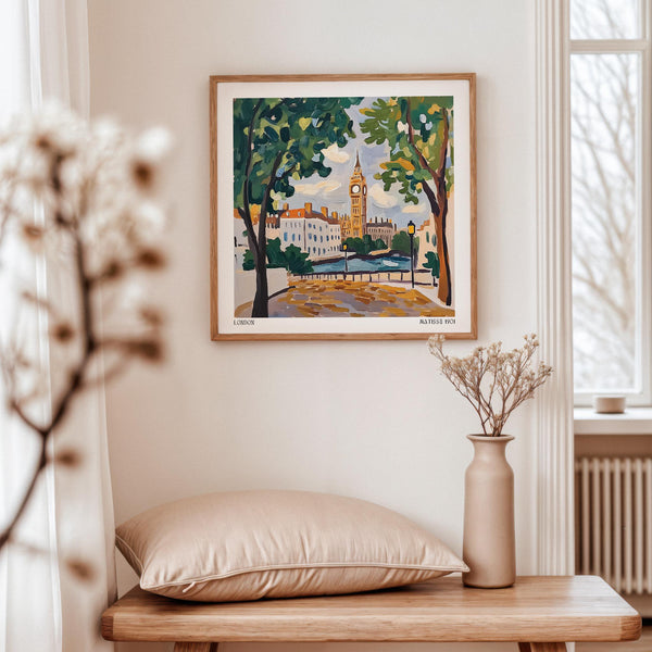 Impressionistic street view of London with Thames and Big Ben in our Matisse Prints for Sale series.