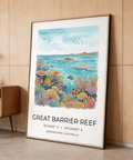 Coastal wall art print with tropical fish, coral clusters, and island skyline