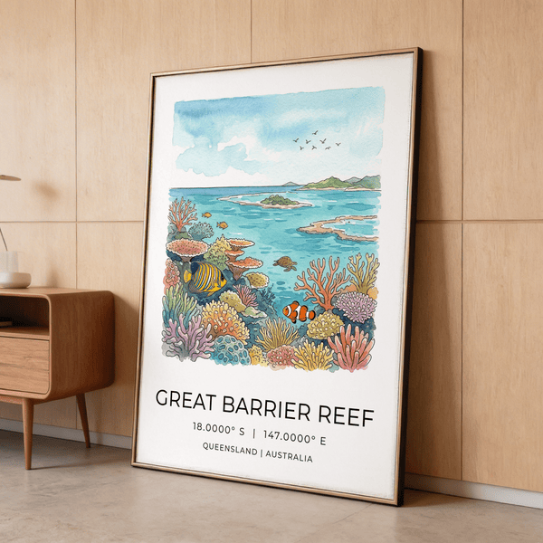 Coastal wall art print with tropical fish, coral clusters, and island skyline