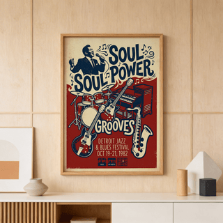 Bold Soul Music Art Print showing drum kit, guitars, saxophone, and “Grooves” lettering