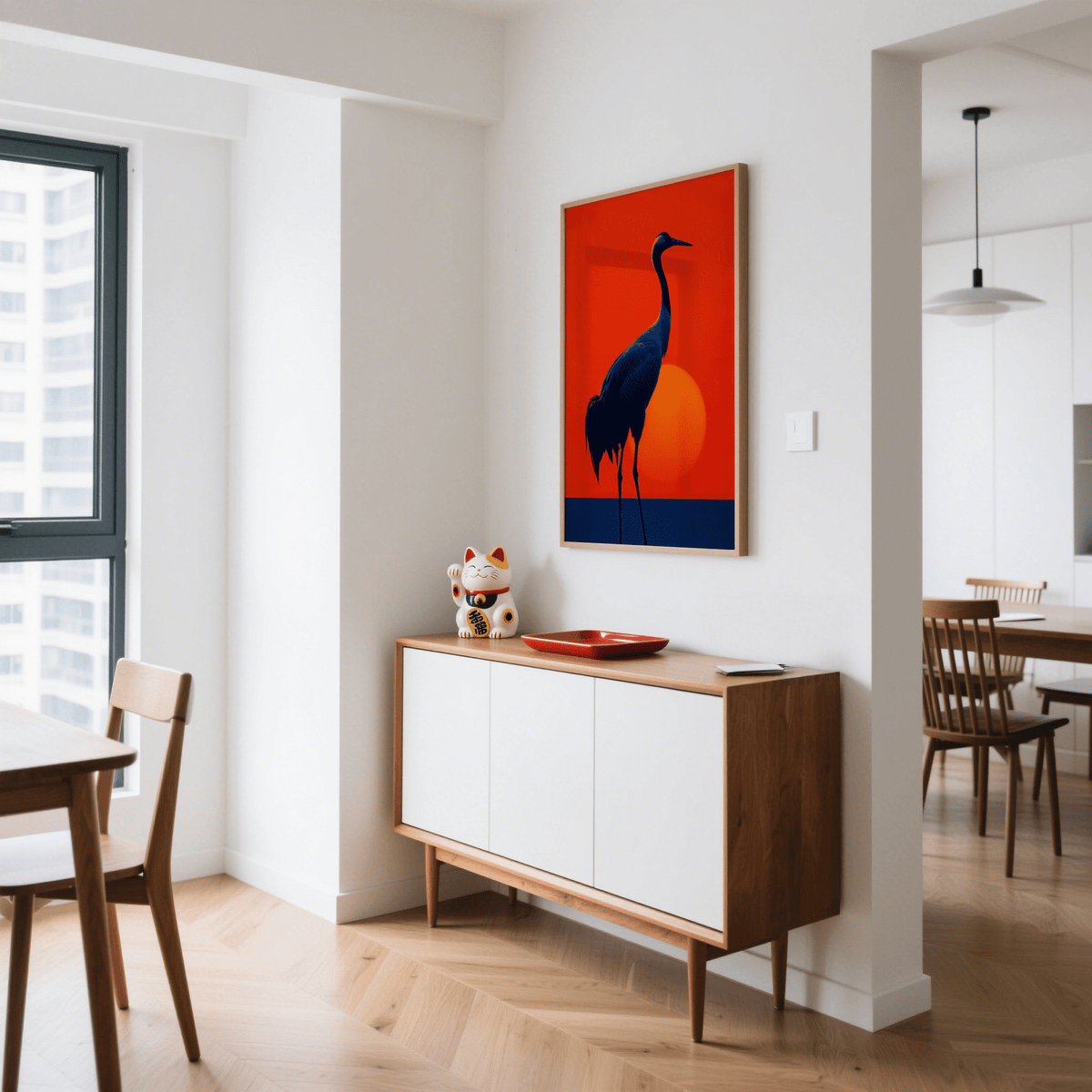 Elegant Cranes Silhouette Art Print yellow blue accents for dining room