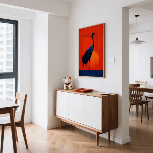 Elegant Cranes Silhouette Art Print yellow blue accents for dining room