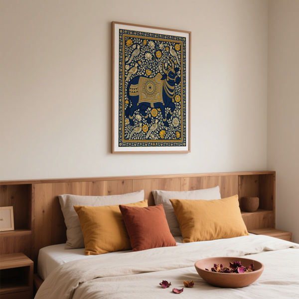 Horned bull folk artwork framed by stylized blossoms