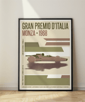 Minimalist racing poster print showing a low Formula 1 car profile over horizontal bands