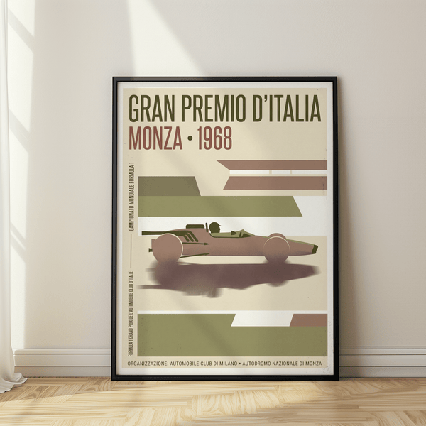 Minimalist racing poster print showing a low Formula 1 car profile over horizontal bands