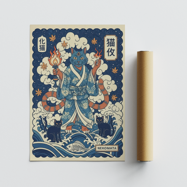 Decorative Japanese yokai cat print with two companion cats near the bottom