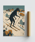 Skiing Dog Art Print using Orange and Beige tones for cozy lounge wall art