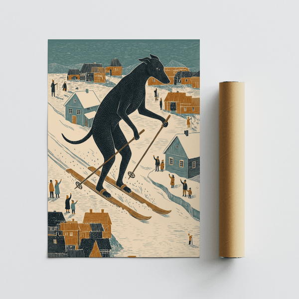 Skiing Dog Art Print using Orange and Beige tones for cozy lounge wall art
