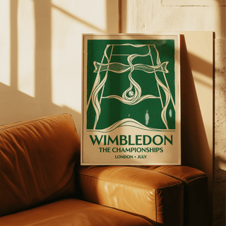 Stylized sports wall art print with central ball motif and flowing ribbon shapes