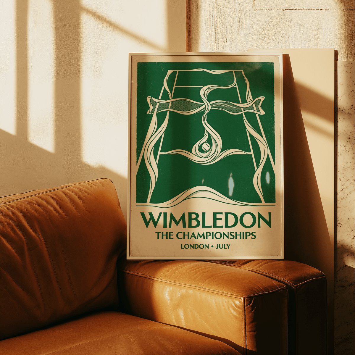 Stylized sports wall art print with central ball motif and flowing ribbon shapes