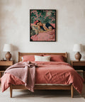 Frida Kahlo Art Prints featuring a sleeping woman in traditional Mexican dress on a pink bed.