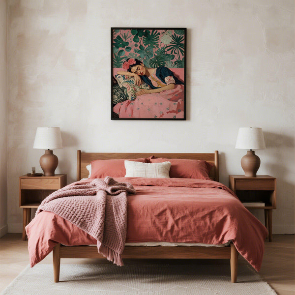 Frida Kahlo Art Prints featuring a sleeping woman in traditional Mexican dress on a pink bed.