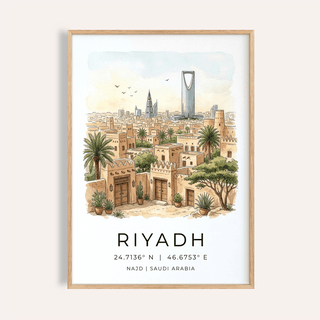 Illustrated Riyadh skyline poster print with palm trees and city name text