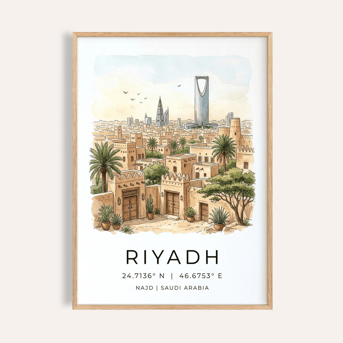 Illustrated Riyadh skyline poster print with palm trees and city name text