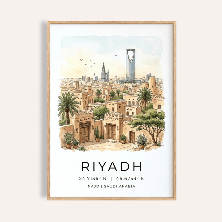 Illustrated Riyadh skyline poster print with palm trees and city name text