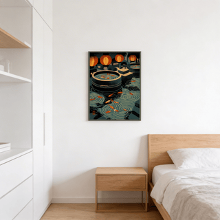 Textured illustration koi pond poster print with swirling water lines and lantern glow