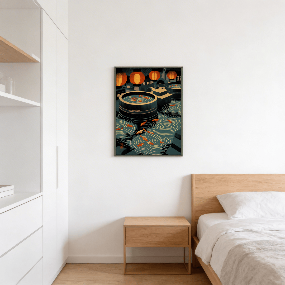 Textured illustration koi pond poster print with swirling water lines and lantern glow
