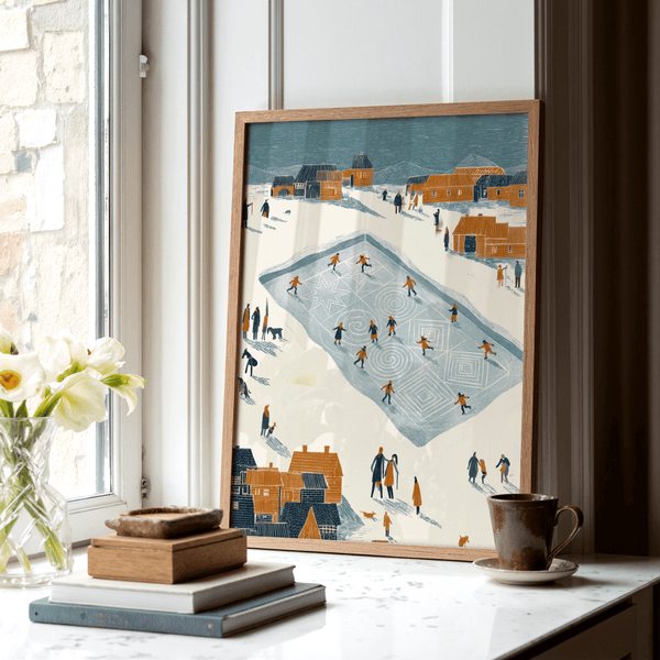 Ice Skating Poster art print, perfect for kids’ bedroom in blue and beige