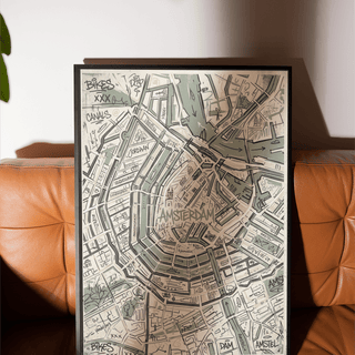 Sketch-style Amsterdam street map poster with bold lines and central Amsterdam lettering