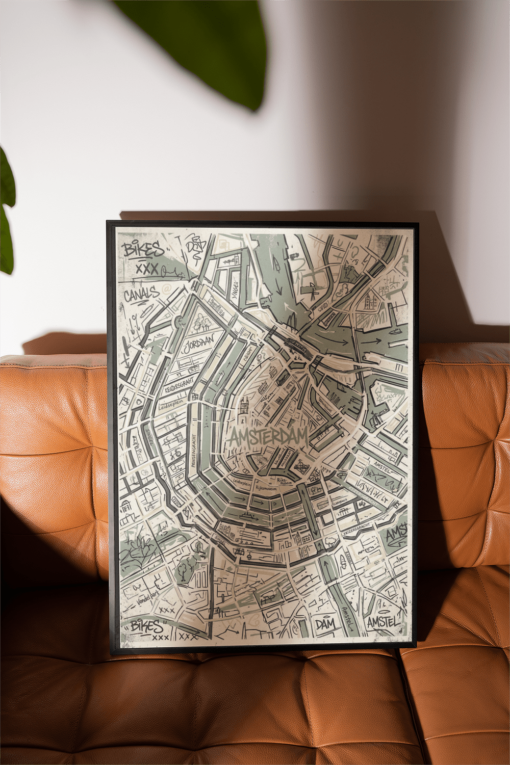 Sketch-style Amsterdam street map poster with bold lines and central Amsterdam lettering