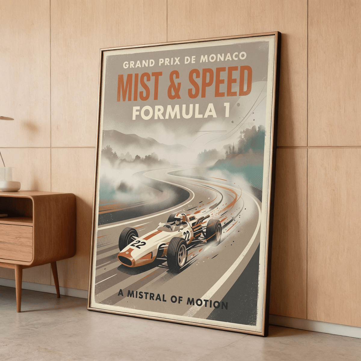 Detail crop of Formula One Print wall art featuring the single-seater race car #22 taking a curve with motion streaks