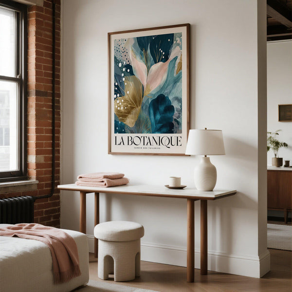 Elegant wall art for living room with abstract teal and blush floral shapes