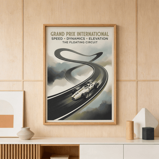 Vintage motorsport print with S-shaped track hovering above muted clouds