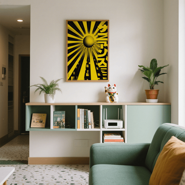 Geometric Sun Poster abstract art print black yellow hues for dining room