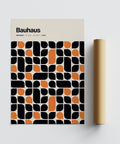 High-contrast Bauhaus pattern with graphic circular and rectangular shapes.