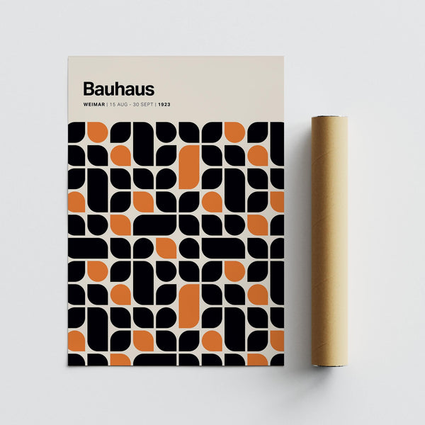 High-contrast Bauhaus pattern with graphic circular and rectangular shapes.