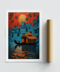 Featuring a Kerala Wall Art print with palm trees, stacked buildings, and boat reflection on water
