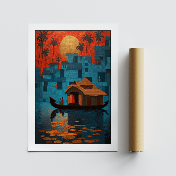 Featuring a Kerala Wall Art print with palm trees, stacked buildings, and boat reflection on water