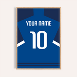 Custom Football Shirt – Blue with Dark Sleeves and White Stripe — wooden-frame main image