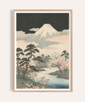 Japanese Art Mountains art print with Green, Black, Beige, Yellow, for living room wall art