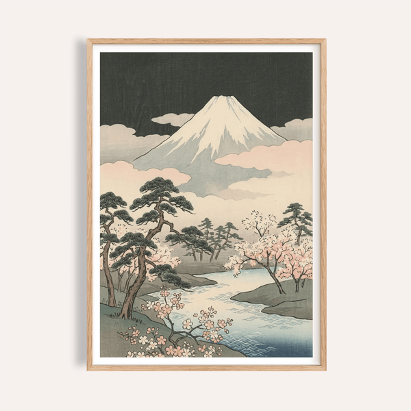 Japanese Art Mountains art print with Green, Black, Beige, Yellow, for living room wall art