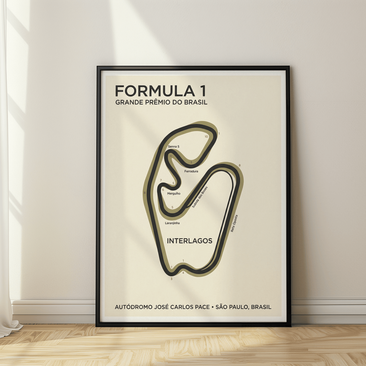 Centered Interlagos Circuit Wall Art print with thick track outline and negative space layout