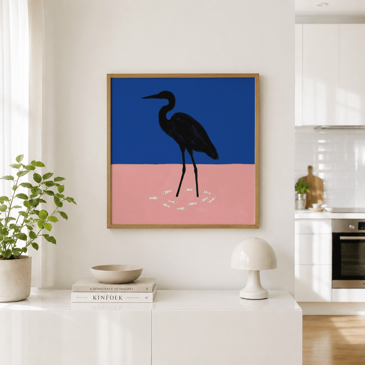 Minimal Blue and Pink wildlife poster with long-legged heron figure