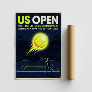 Showing a vintage-style tennis poster wall art with Queens, New York text and a glowing ball above the net